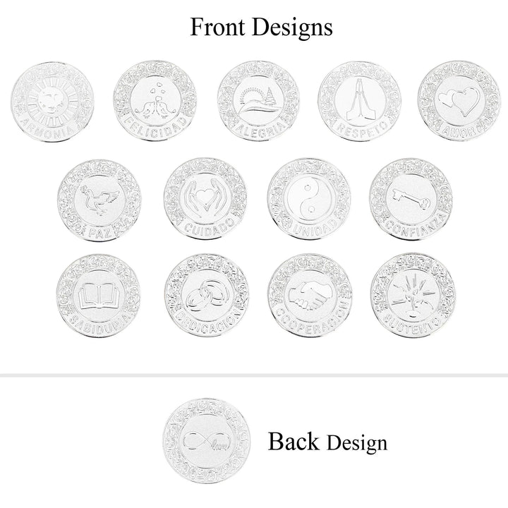 Set of 13 Spanish wedding unity coins, each engraved with a unique word and symbolic design—representing love, values, and faith for Catholic and Christian ceremonies - tingkucoins.com