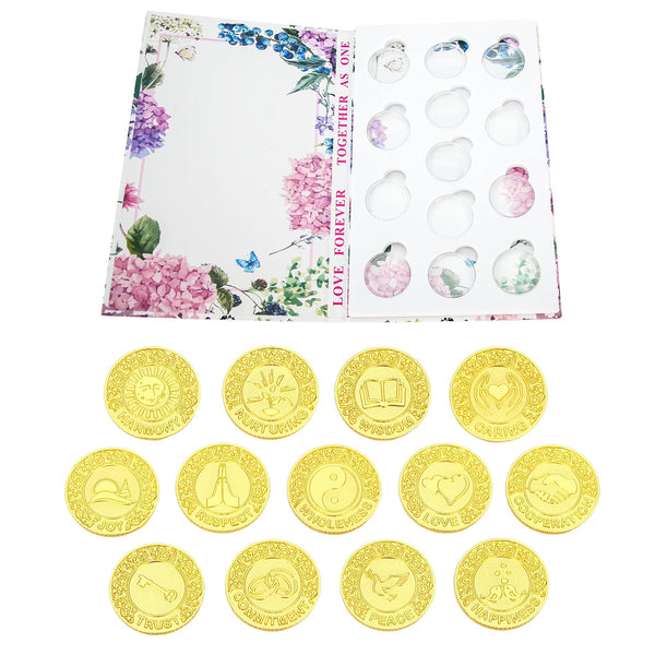 Elegant Wedding Unity Coins Set includes 13 gold arras coins with meaningful engravings such as Love, Peace, Respect, and Harmony. Presented in a floral keepsake box, perfect for Catholic wedding traditions, Christian marriage ceremonies, anniversary gifts, and meaningful wedding accessories - tingkucoins.com