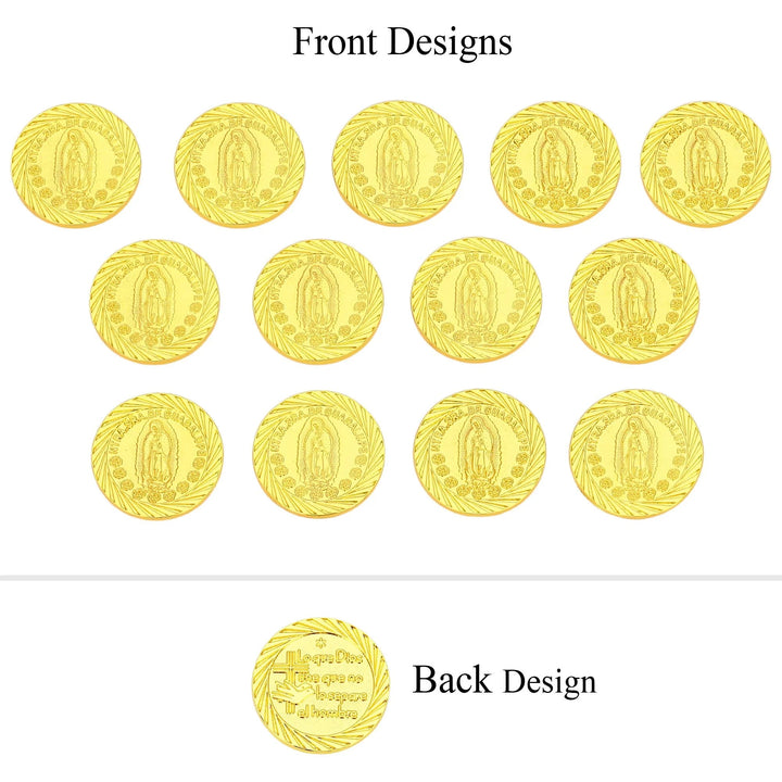 13 gold-plated Our Lady of Guadalupe wedding coins, symbolizing faith, blessing, and unity. Each 25mm coin features a detailed Virgen de Guadalupe design, perfect for Catholic wedding Arras ceremonies and treasured as a meaningful keepsake - tingkucoins.com