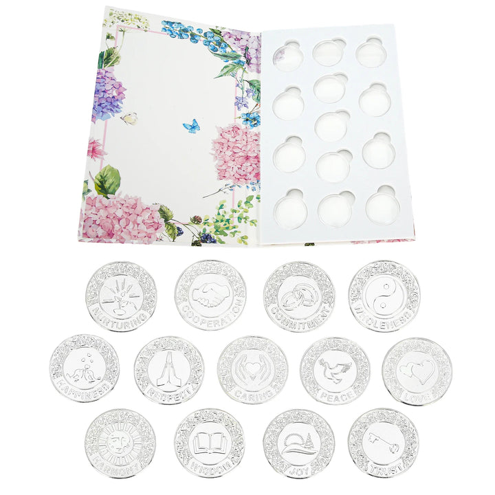 Elegant 13-piece silver wedding unity coins set, each with unique symbolic designs like peace, love, faith, and prosperity. Beautifully presented in a floral keepsake box, this arras de boda set is perfect for Catholic and Christian wedding ceremonies, marriage blessings, or anniversary gifts - tingkucoins.com