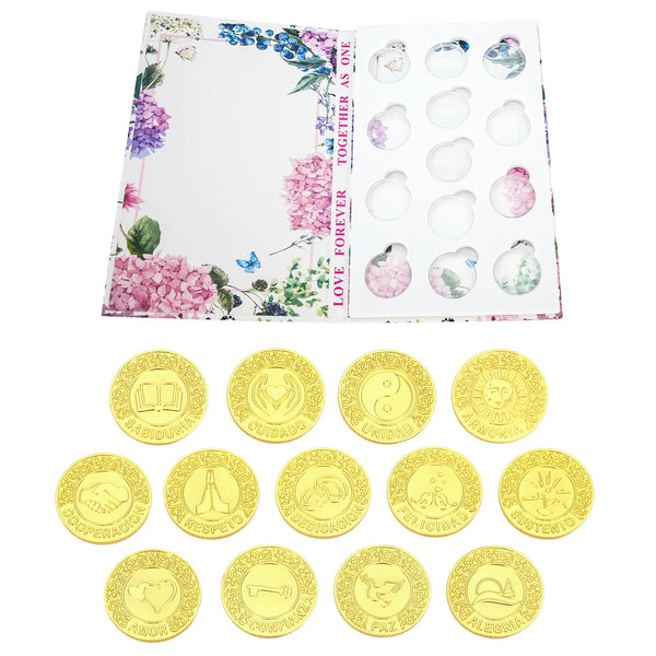 Beautiful 13-piece gold arras wedding coin set with Spanish words like Sabiduría, Amor, Unión, Respeto, and Paz, each symbolizing blessings for marriage. Presented in a floral gift box, this traditional Catholic and Christian wedding accessory is perfect for ceremonies, keepsakes, and anniversary gifts - tingkucoins.com