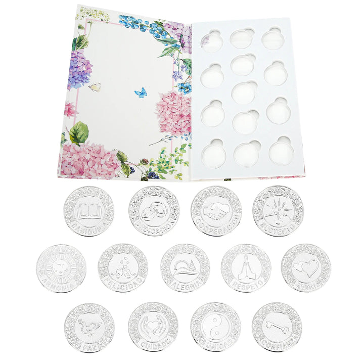 Elegant 13-piece silver wedding arras coin set engraved with Spanish words such as Sabiduría, Amor, Unión, Respeto, and Paz. Each coin represents blessings of love, unity, and prosperity. Presented in a floral gift box, perfect for Catholic and Christian wedding ceremonies, keepsakes, or anniversary gifts - tingkucoins.com