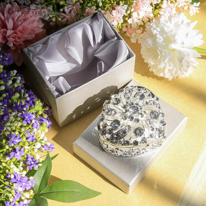 Glamorous silver rhinestone heart box paired with an embossed silver gift box, creating an unforgettable presentation for your wedding coins or treasured keepsakes - tingkucoins.com