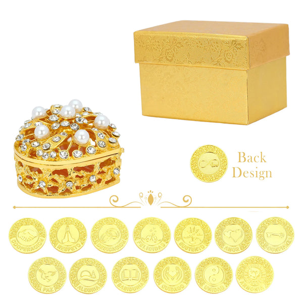 Set Personalizado de Arras de Boda – 13 Monedas Grabadas en Caja Corazón de Perlas Torcido