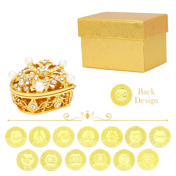 Arras de Boda Personalizadas – 13 Monedas de Unión en Caja Corazón Perla Cinco Flores