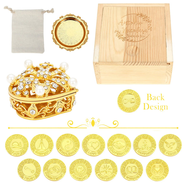 Personalized English Wedding Unity Coin Set – 13 Custom Arras Coins with Five-Flower Pearl Heart Box | Catholic Ceremony Keepsake