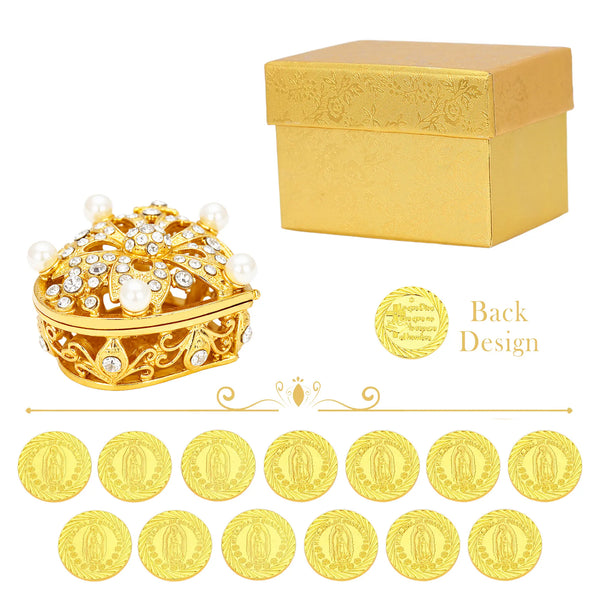 Set de Arras Virgen de Guadalupe Personalizado – 13 Monedas de Unión en Caja Corazón Perla Cinco Flores