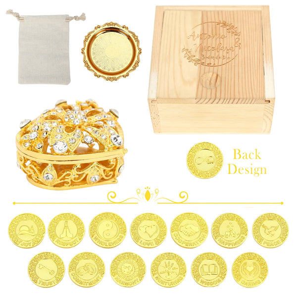 Personalized English Wedding Arras Unity Coin Set – 13 Commemorative Coins with Five-Flower Full Diamond Heart Box