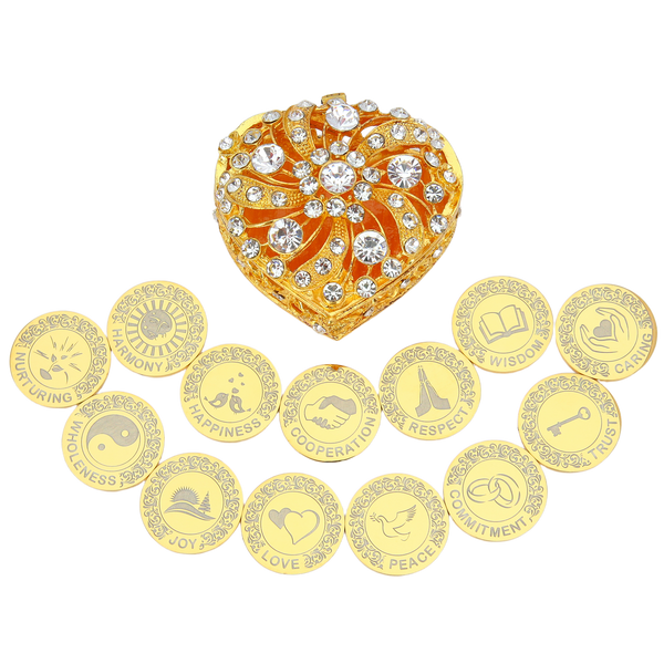 Personalized 13 pcs English Wedding Arrhae Coins with Heart Shape Box, Custom Engraved Wedding Arras Unity Coins Set - Full Rhinestones Windmill