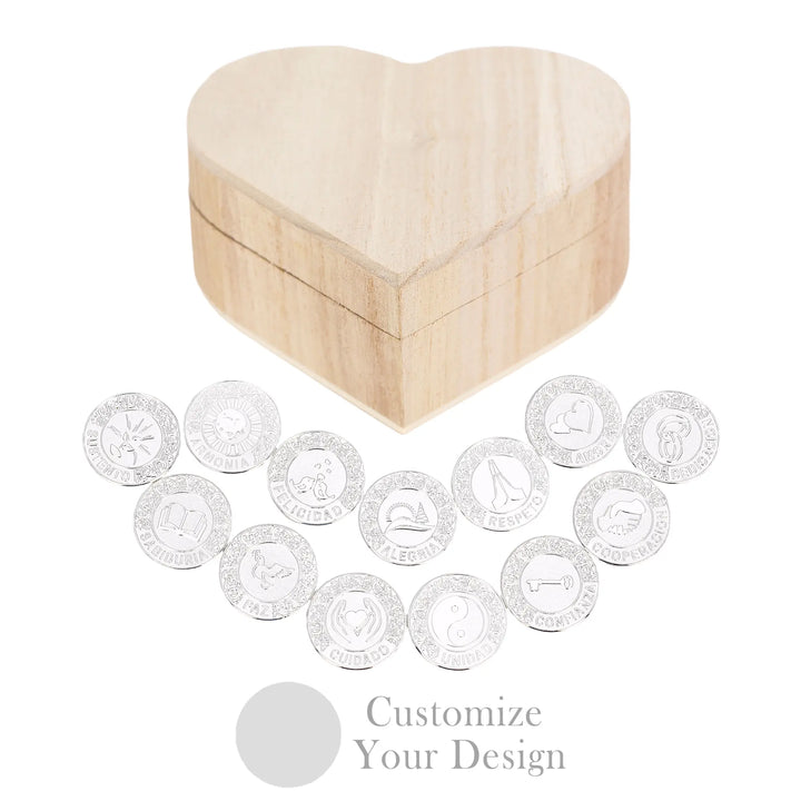 Juego de Arras de Boda Personalizado – 13 Monedas de Unión con Caja de Madera en Forma de Corazón | Tradición Católica Española - TINGKU