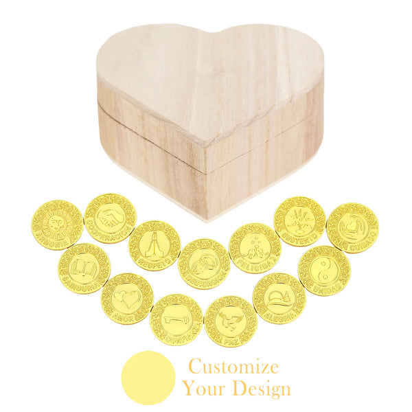 Juego de Arras de Boda Personalizado – 13 Monedas de Unión con Caja de Madera en Forma de Corazón | Tradición Católica Española - TINGKU