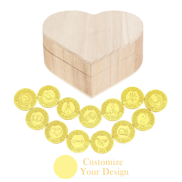 Juego de Arras de Boda Personalizado – 13 Monedas de Unión con Caja de Madera en Forma de Corazón | Tradición Católica Española - TINGKU