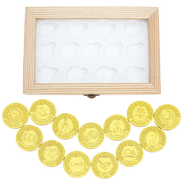 Arras de Boda Tradicionales – Juego de 13 Monedas con Caja de Madera Transparente para Ceremonia de Unidad 