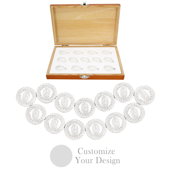 Juego de Arras Virgen de Guadalupe Personalizado – 13 Monedas de Boda con Caja Roja de Madera - TINGKU
