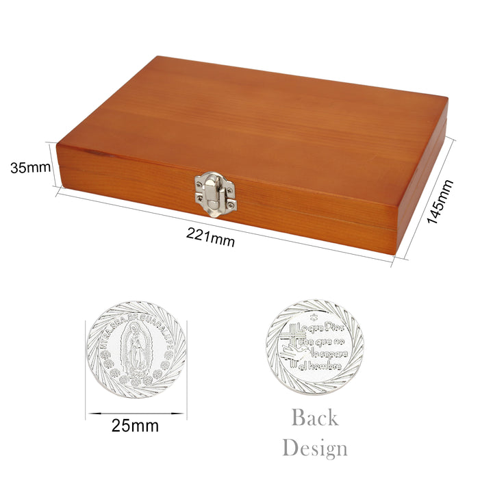 Juego de Arras Virgen de Guadalupe Personalizado – 13 Monedas de Boda con Caja Roja de Madera - TINGKU