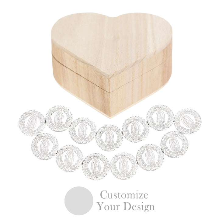 Juego de Arras Virgen de Guadalupe Personalizado – 13 Monedas de Boda en Caja Corazón de Madera - TINGKU