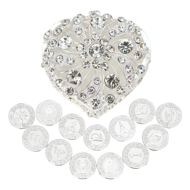 Las Arras de Boda Spanish 13 pcs Wedding Arras Coins with Heart Shaped Box, Wedding Unity Coins Set - Full Rhinestones Windmill - TINGKU