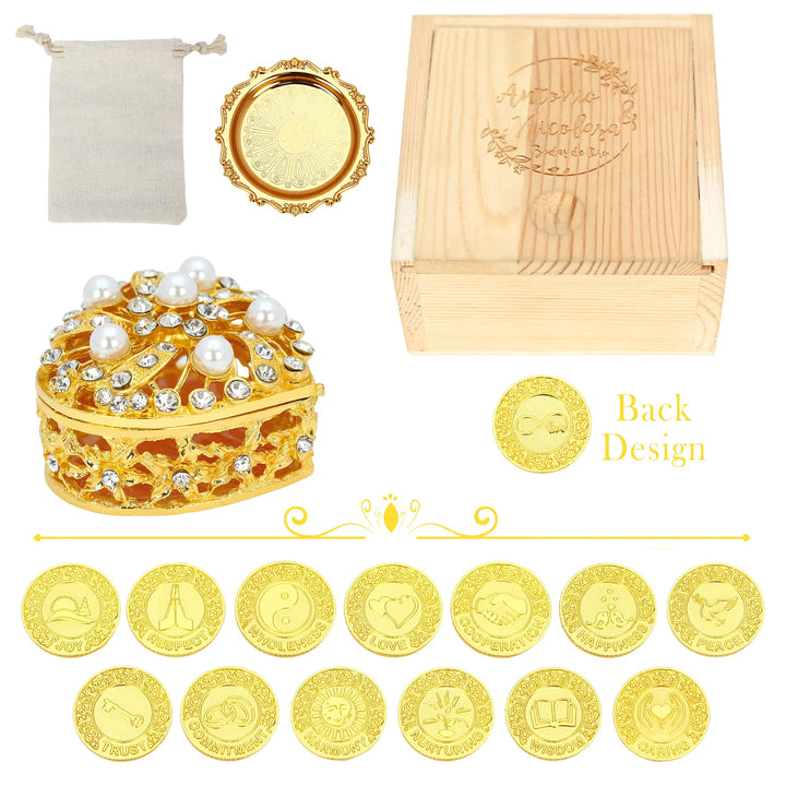 Personalized English Wedding Arras Unity Coin Set – 13 Custom Coins with Twisted Pearl Heart Box | Deluxe Keepsake for Catholic & Multicultural Ceremonies - TINGKU