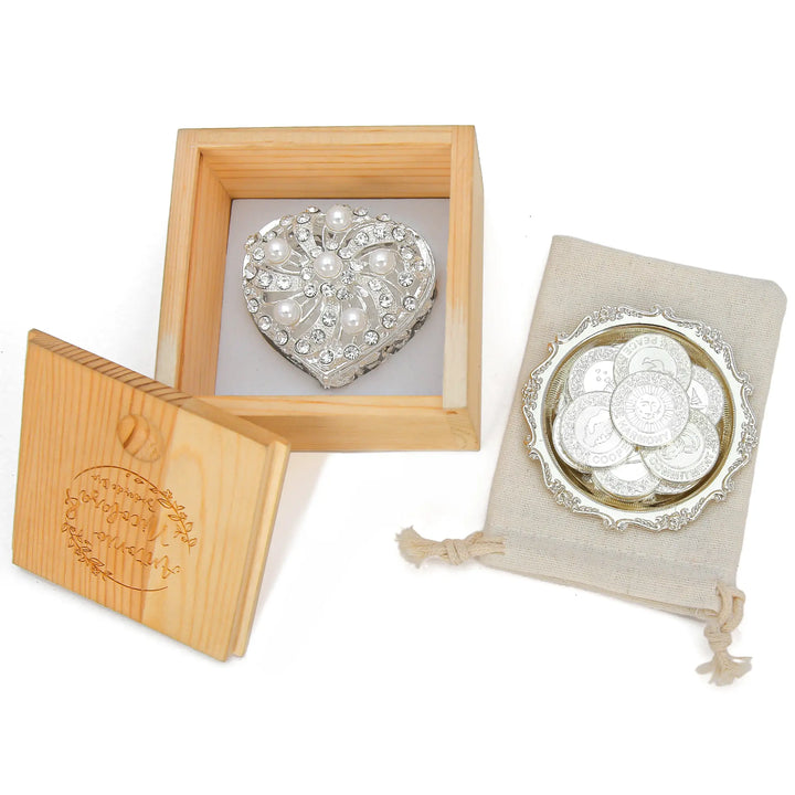 Personalized English Wedding Arras Unity Coin Set – 13 Custom Coins with Twisted Pearl Heart Box | Deluxe Keepsake for Catholic & Multicultural Ceremonies - TINGKU