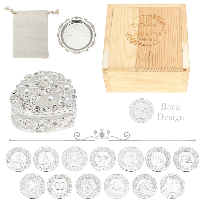 Personalized English Wedding Arras Unity Coin Set – 13 Custom Coins with Twisted Pearl Heart Box | Deluxe Keepsake for Catholic & Multicultural Ceremonies - TINGKU