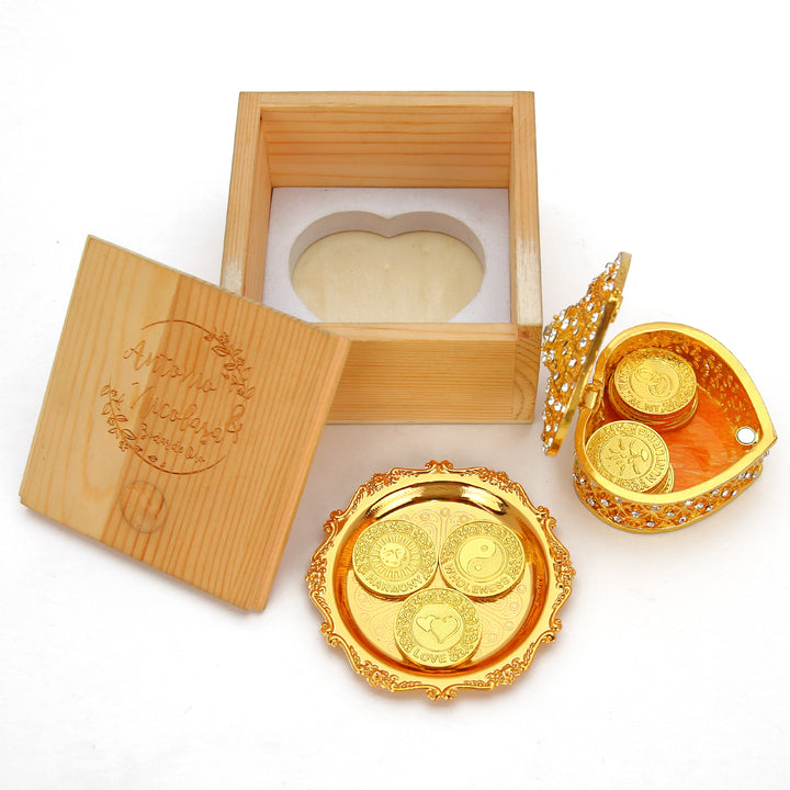 Personalized English Wedding Unity Coin Set – 13 Engraved Commemorative Coins in Deluxe Diamond Heart Gift Box - TINGKU