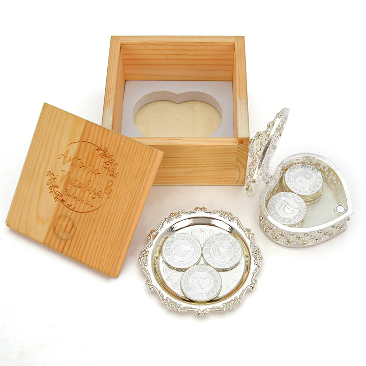 Personalized English Wedding Unity Coin Set – 13 Engraved Commemorative Coins in Deluxe Diamond Heart Gift Box - TINGKU