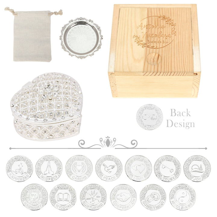 Personalized English Wedding Unity Coin Set – 13 Engraved Commemorative Coins in Deluxe Diamond Heart Gift Box - TINGKU