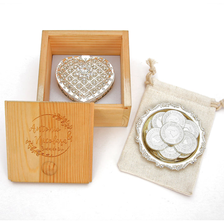 Personalized English Wedding Unity Coin Set – 13 Engraved Commemorative Coins in Deluxe Diamond Heart Gift Box - TINGKU