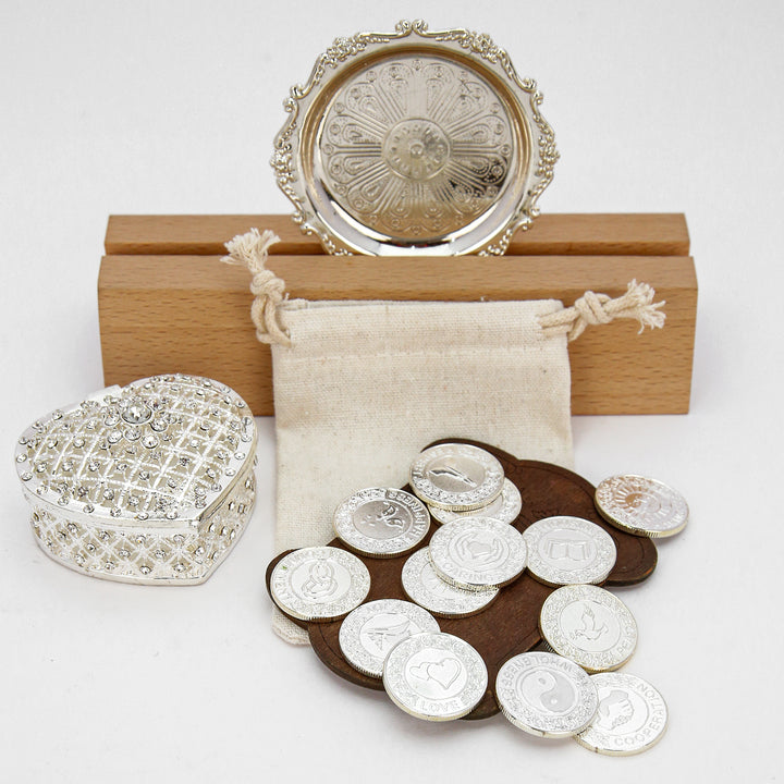 Personalized English Wedding Unity Coin Set – 13 Engraved Commemorative Coins in Deluxe Diamond Heart Gift Box - TINGKU
