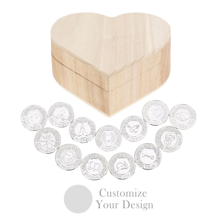 Personalized English Wedding Unity Coins Set – 13 Custom Coins with Heart - Shaped Wooden Keepsake Box for Arras Ceremony - TINGKU