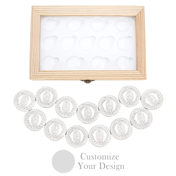 personalized Virgen de Guadalupe Arras de Boda – Set de 13 Monedas con Caja de Madera Acrílica Transparente | Recuerdo Religioso para Bodas Católicas (Copy) - TINGKU