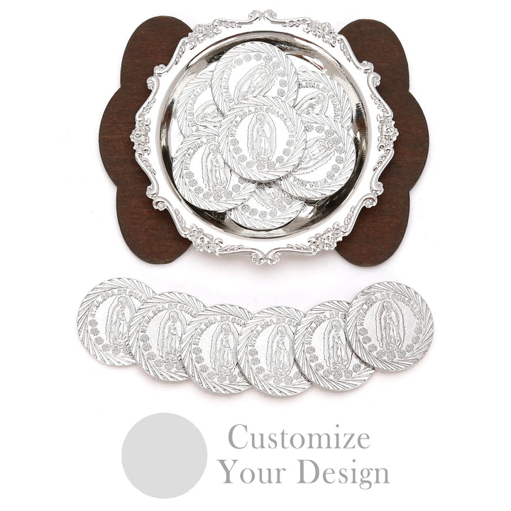 Personalized Virgen de Guadalupe Catholic Wedding Unity Coins Set – 13 Arras Coins with Ceremony Tray - TINGKU