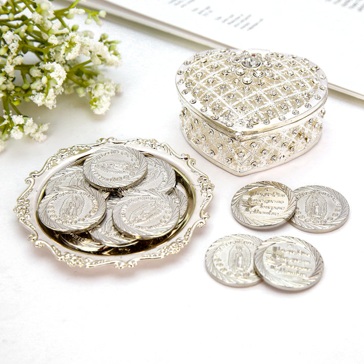 Personalized Virgen de Guadalupe Wedding Arras Set – 13 Unity Coins with Full Diamond Heart Gift Box - TINGKU