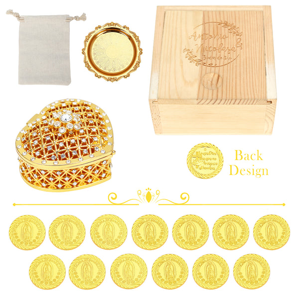 Personalized Virgen de Guadalupe Wedding Arras Set – 13 Unity Coins with Full Diamond Heart Gift Box - TINGKU