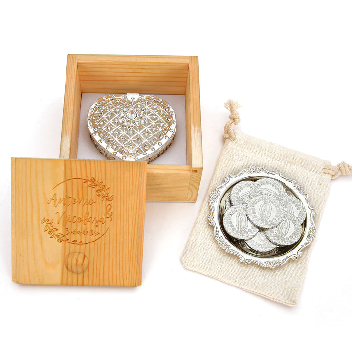 Personalized Virgen de Guadalupe Wedding Arras Set – 13 Unity Coins with Full Diamond Heart Gift Box - TINGKU