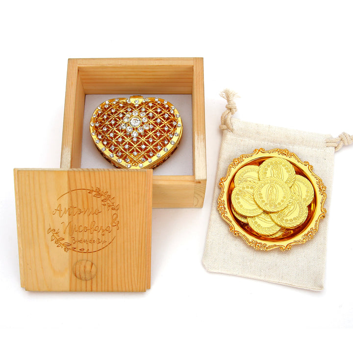 Personalized Virgen de Guadalupe Wedding Arras Set – 13 Unity Coins with Full Diamond Heart Gift Box - TINGKU