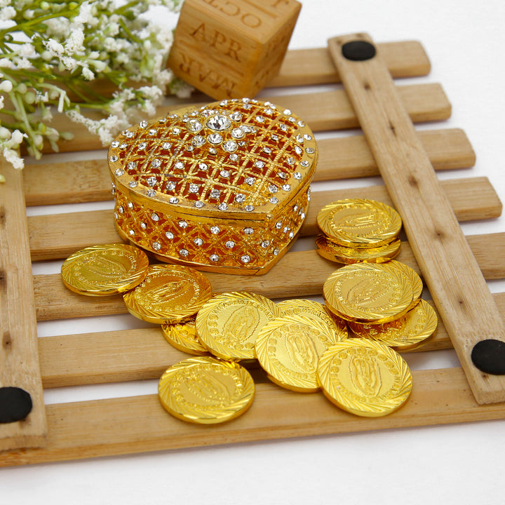 Personalized Virgen de Guadalupe Wedding Arras Set – 13 Unity Coins with Full Diamond Heart Gift Box - TINGKU