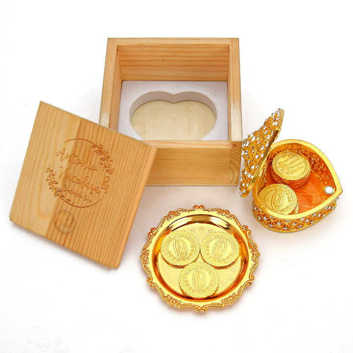 Personalized Virgen de Guadalupe Wedding Arras Set – 13 Unity Coins with Full Diamond Heart Gift Box - TINGKU