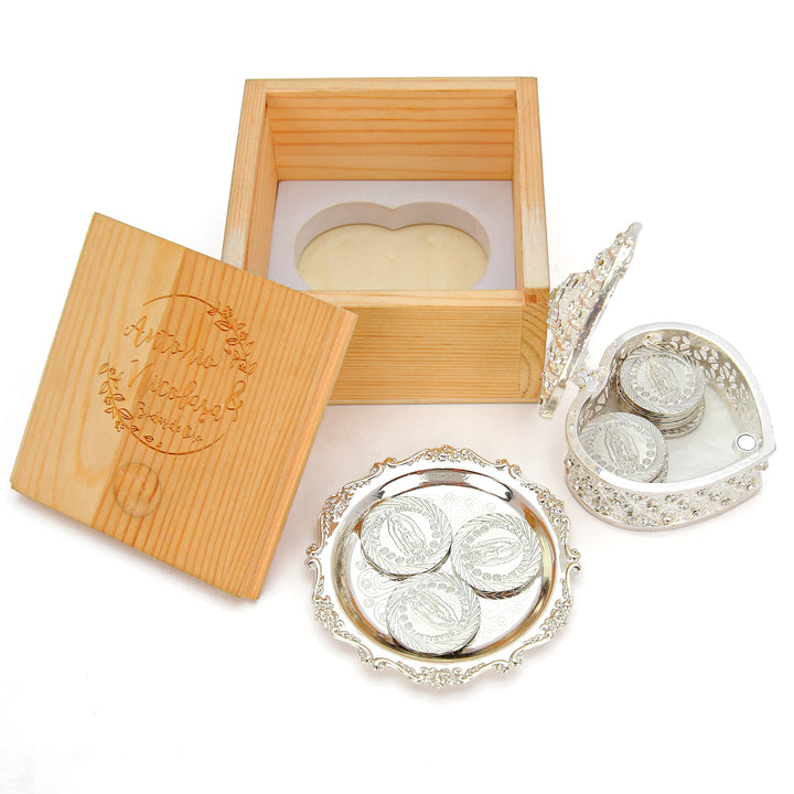 Personalized Virgen de Guadalupe Wedding Arras Set – 13 Unity Coins with Full Diamond Heart Gift Box - TINGKU