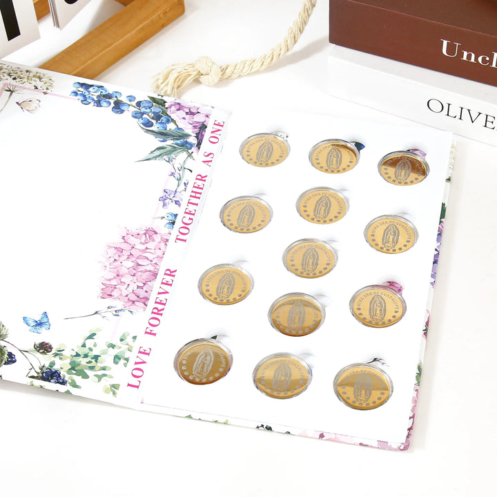 Personalized Virgen de Guadalupe Wedding Arras Unity Coin Set – 13 Custom Engraved Coins with Keepsake Book Box - TINGKU