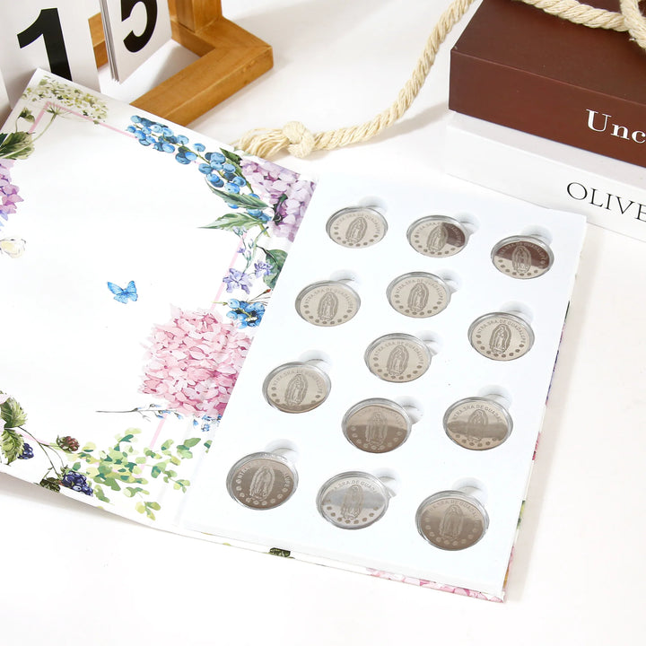 Personalized Virgen de Guadalupe Wedding Arras Unity Coin Set – 13 Custom Engraved Coins with Keepsake Book Box - TINGKU