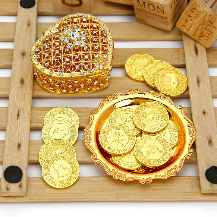 Set de Arras de Boda Personalizadas – 13 Monedas de Unión Grabadas con Caja Corazón Diamantada Deluxe | Regalo Católico Conmemorativo - TINGKU