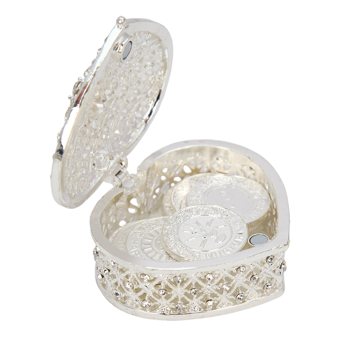 Set de Arras de Boda Personalizadas – 13 Monedas de Unión Grabadas con Caja Corazón Diamantada Deluxe | Regalo Católico Conmemorativo - TINGKU