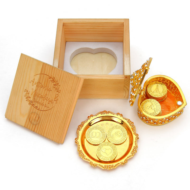 Set de Arras de Boda Personalizadas – 13 Monedas de Unión Grabadas con Caja Corazón Diamantada Deluxe | Regalo Católico Conmemorativo - TINGKU