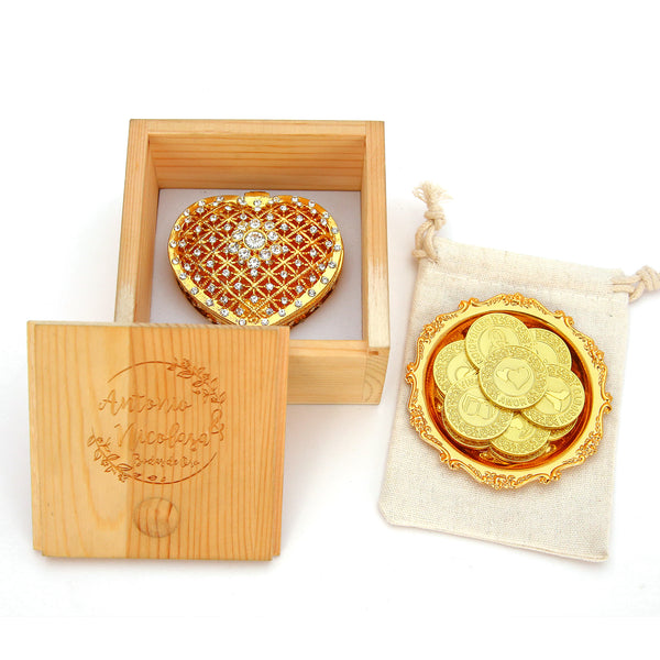 Set de Arras de Boda Personalizadas – 13 Monedas de Unión Grabadas con Caja Corazón Diamantada Deluxe | Regalo Católico Conmemorativo - TINGKU