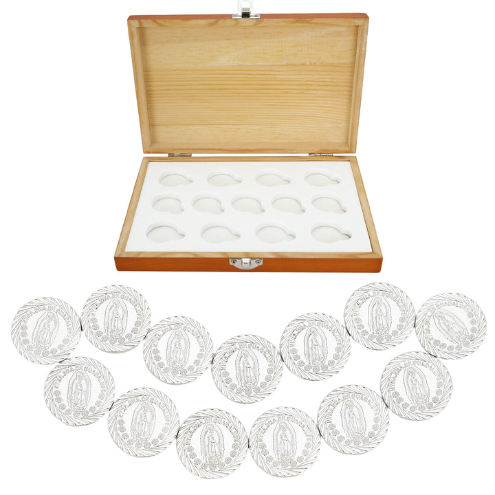 Virgen de Guadalupe Wedding Arras Set – 13 Unity Coins with Red Wooden Keepsake Box - TINGKU