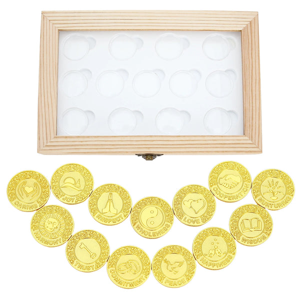13 Piece English Wedding Arras Unity Coin Set with Wooden Display Box – Filipinos Wedding Arrhae Coins for Ceremony