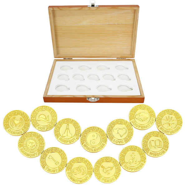 13 Piece English Wedding Arras Unity Coin Set with Wooden Collection Box – Filipinos Wedding Arrhae Coins for Ceremony