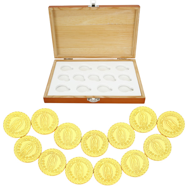 Virgen de Guadalupe Wedding Arras Set – 13 Unity Coins with Red Wooden Keepsake Box