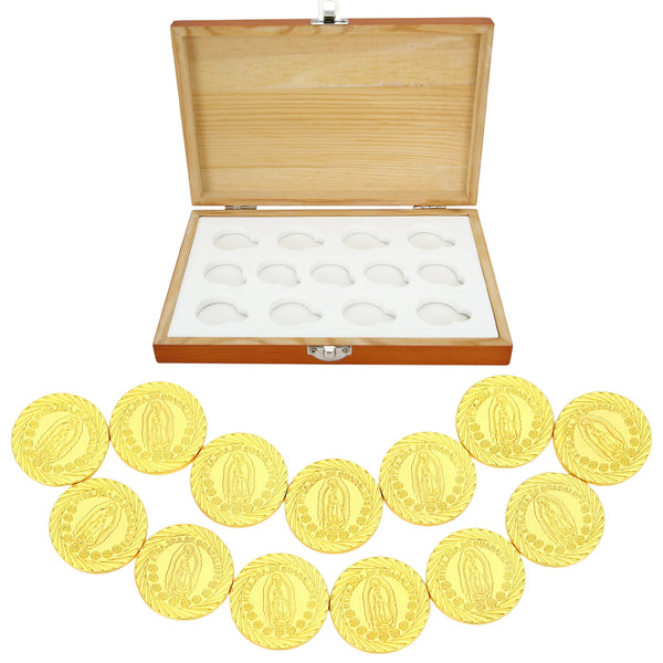 13 Pcs Virgen de Guadalupe Arras de Boda with Wooden Collection Box - Mexican Wedding Arras Unity Coins Set for Wedding Ceremony